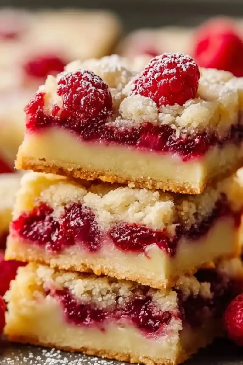 Stack of raspberry shortbread bars filled with fresh raspberries and a buttery shortbread crust