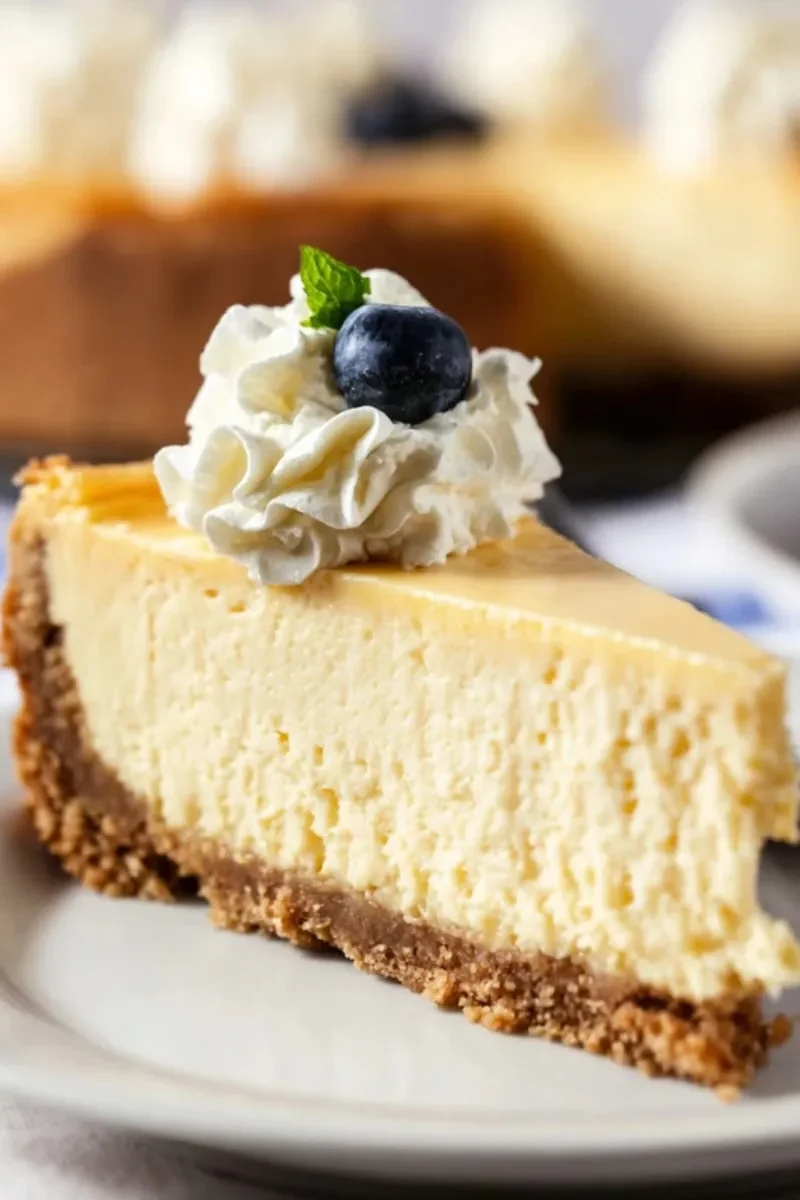 Slice of creamy protein cheesecake with graham cracker crust, whipped cream, blueberry, and mint leaf garnish