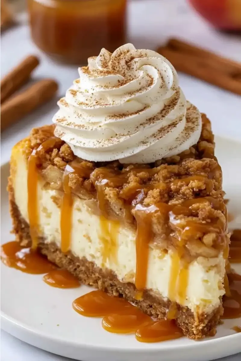 Slice of homemade apple crisp cheesecake topped with cinnamon whipped cream and caramel sauce