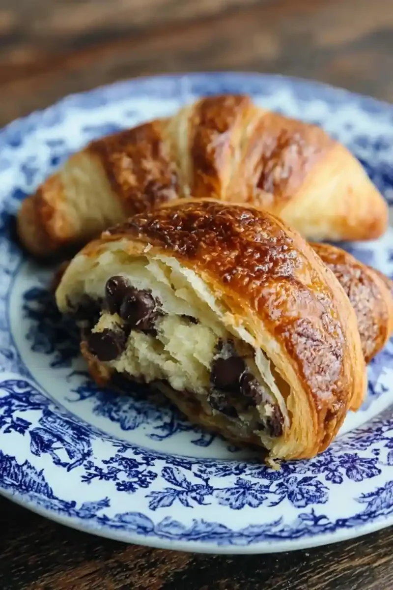 Flaky crookie pastry sliced open to reveal gooey chocolate chip cookie filling – Crookie recipe inspiration