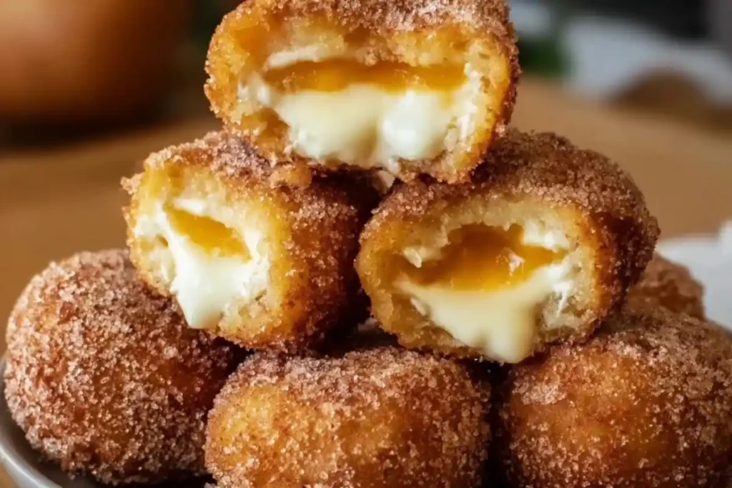 Close-up of Fairground Peach Cheesecake Churro Bombs stacked on a plate, showing gooey cheesecake and peach filling inside cinnamon sugar coating