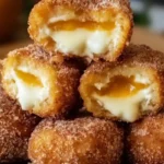 Close-up of Fairground Peach Cheesecake Churro Bombs stacked on a plate, showing gooey cheesecake and peach filling inside cinnamon sugar coating