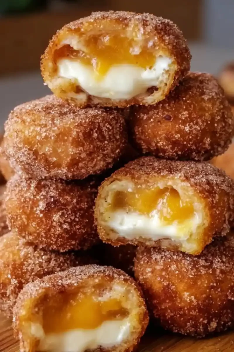Fairground Peach Cheesecake Churro Bombs cut open to reveal creamy cheesecake and peach filling inside golden cinnamon-sugar dough