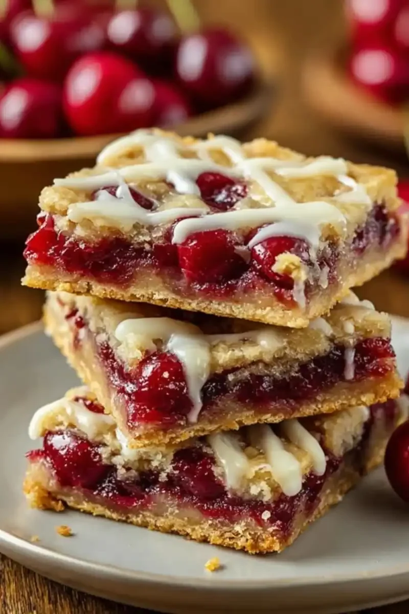 Cherry orchard pie bars stacked on a plate with rich cherry filling and vanilla glaze