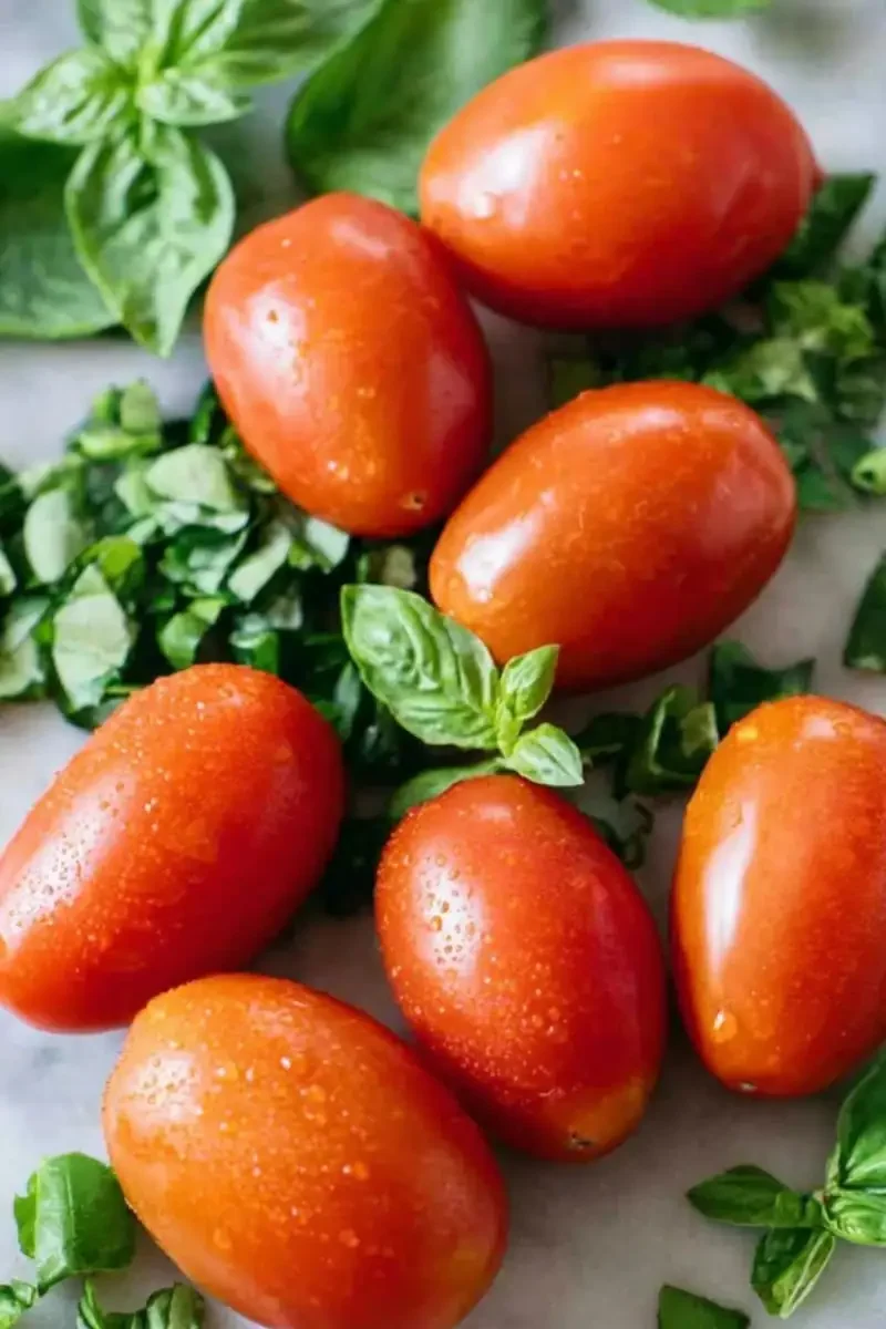 Fresh Roma tomatoes with chopped basil on a marble countertop, perfect ingredients for an easy tomato pie recipe
