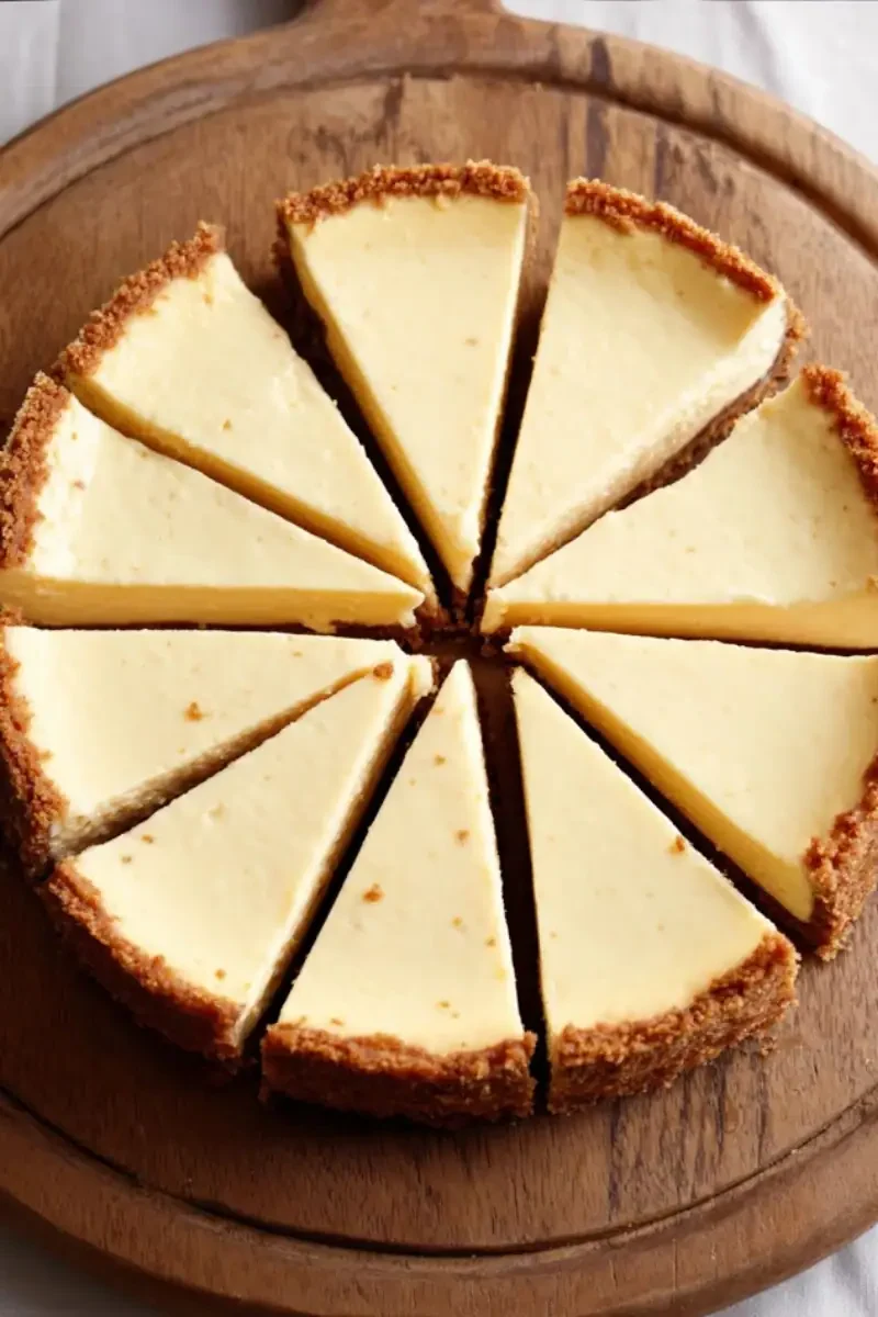 Whole protein cheesecake sliced into eight pieces on a wooden board