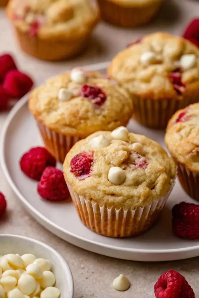 White chocolate raspberry muffins with fresh raspberries and white chocolate chips on a white plate