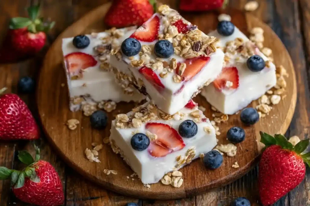 Stack of frozen yogurt bars with fresh strawberries, blueberries, and granola on a wooden board