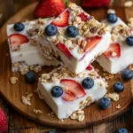 Stack of frozen yogurt bars with fresh strawberries, blueberries, and granola on a wooden board