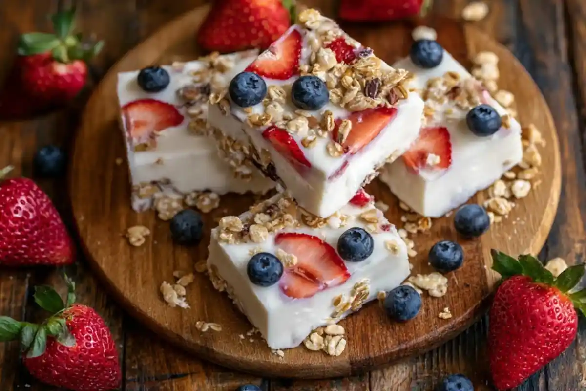 Stack of frozen yogurt bars with fresh strawberries, blueberries, and granola on a wooden board