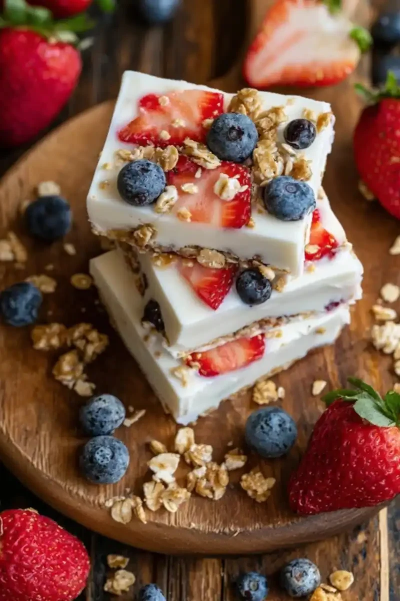 Frozen yogurt bars topped with fresh strawberries, blueberries, and crunchy granola on a wooden board