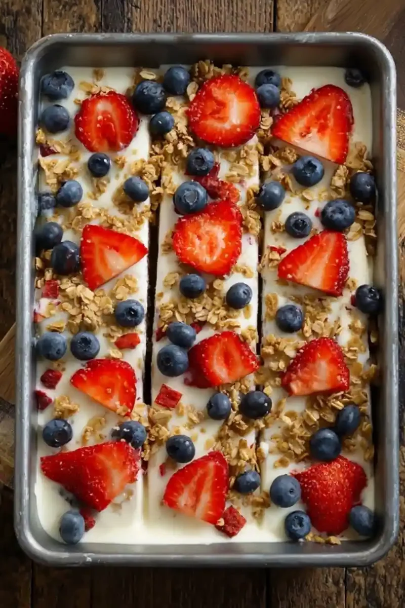 Pan of frozen yogurt bars topped with fresh strawberries, blueberries, and granola pieces