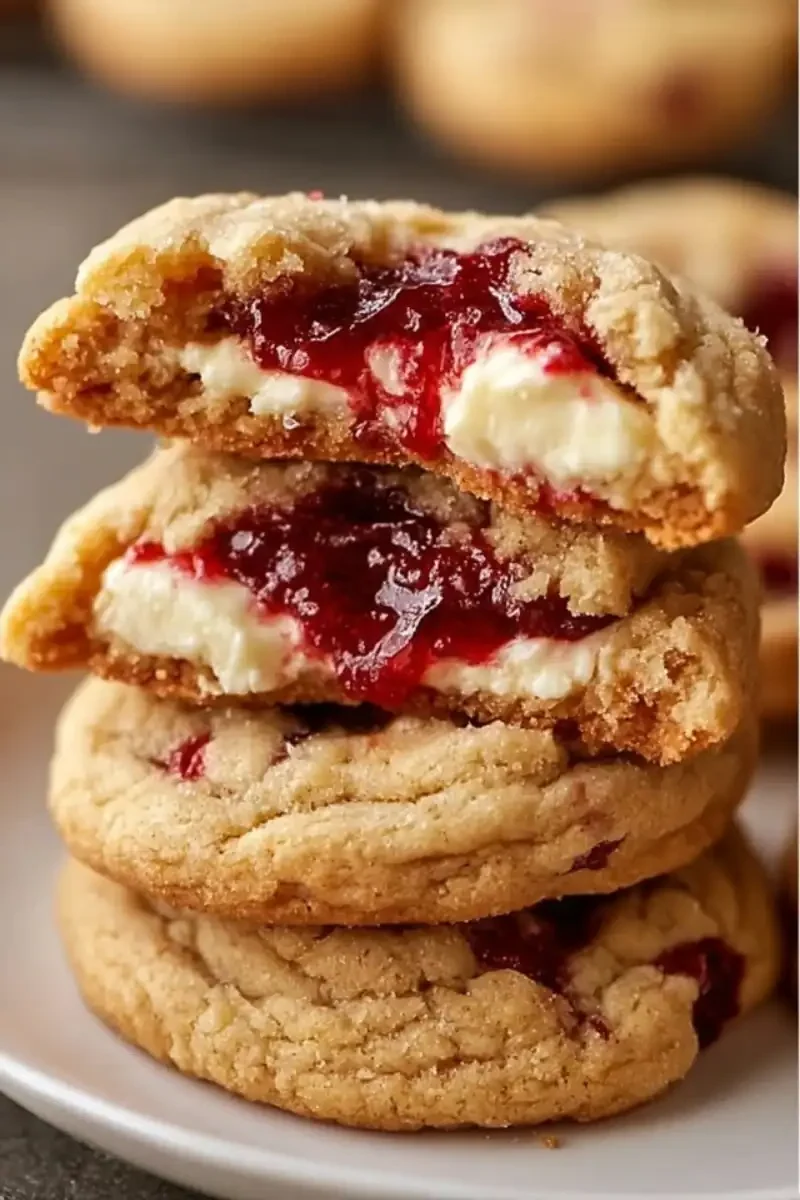 Soft raspberry cheesecake cookies with rich cream cheese and vibrant raspberry filling
