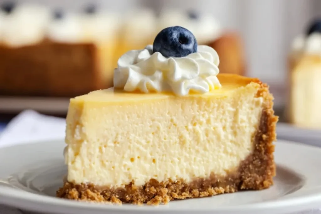 Creamy protein cheesecake slice with blueberry and whipped cream topping on a plate