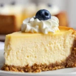 Creamy protein cheesecake slice with blueberry and whipped cream topping on a plate