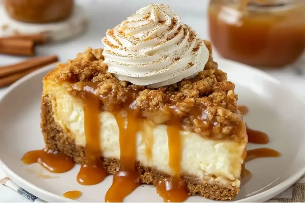 Slice of apple crisp cheesecake with graham cracker crust, apple crumble, whipped cream, and caramel drizzle