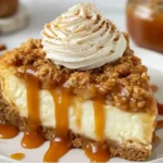 Slice of apple crisp cheesecake with graham cracker crust, apple crumble, whipped cream, and caramel drizzle