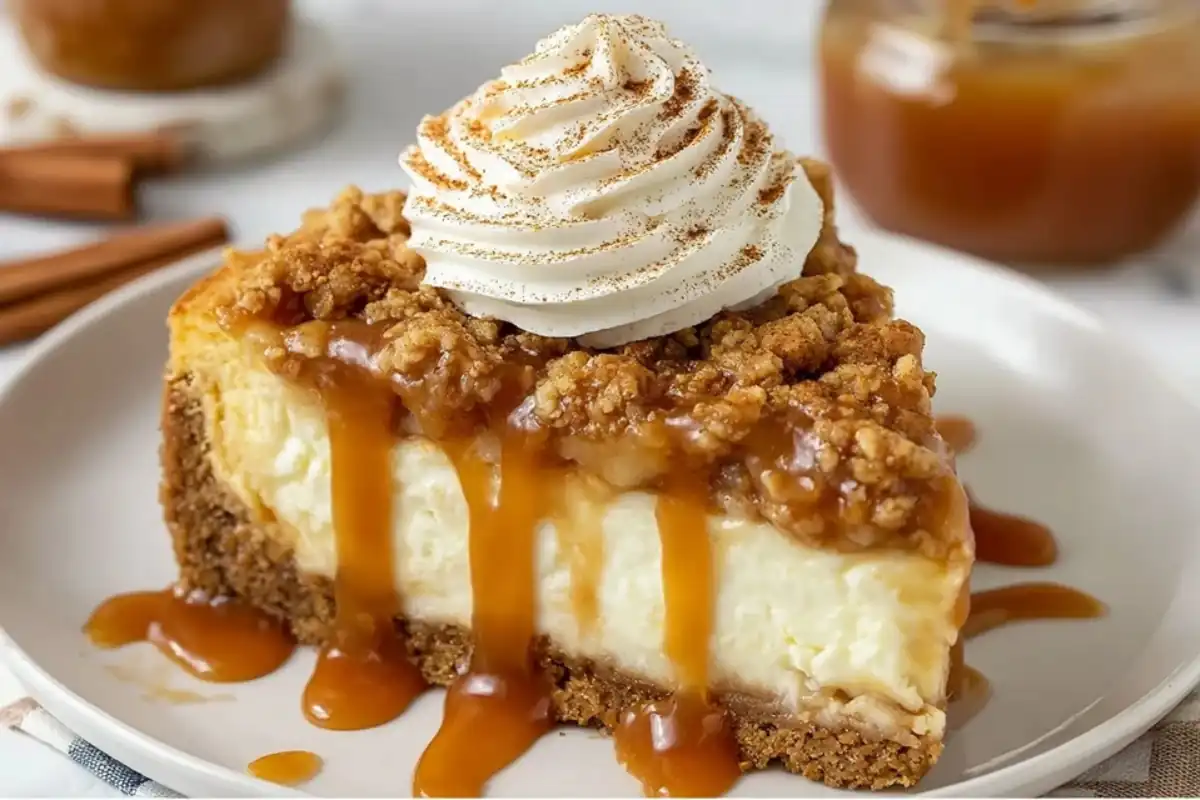 Slice of apple crisp cheesecake with graham cracker crust, apple crumble, whipped cream, and caramel drizzle