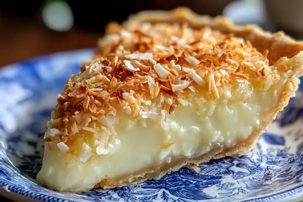 Slice of creamy French Coconut Pie topped with golden toasted coconut on a blue and white plate