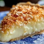 Slice of creamy French Coconut Pie topped with golden toasted coconut on a blue and white plate