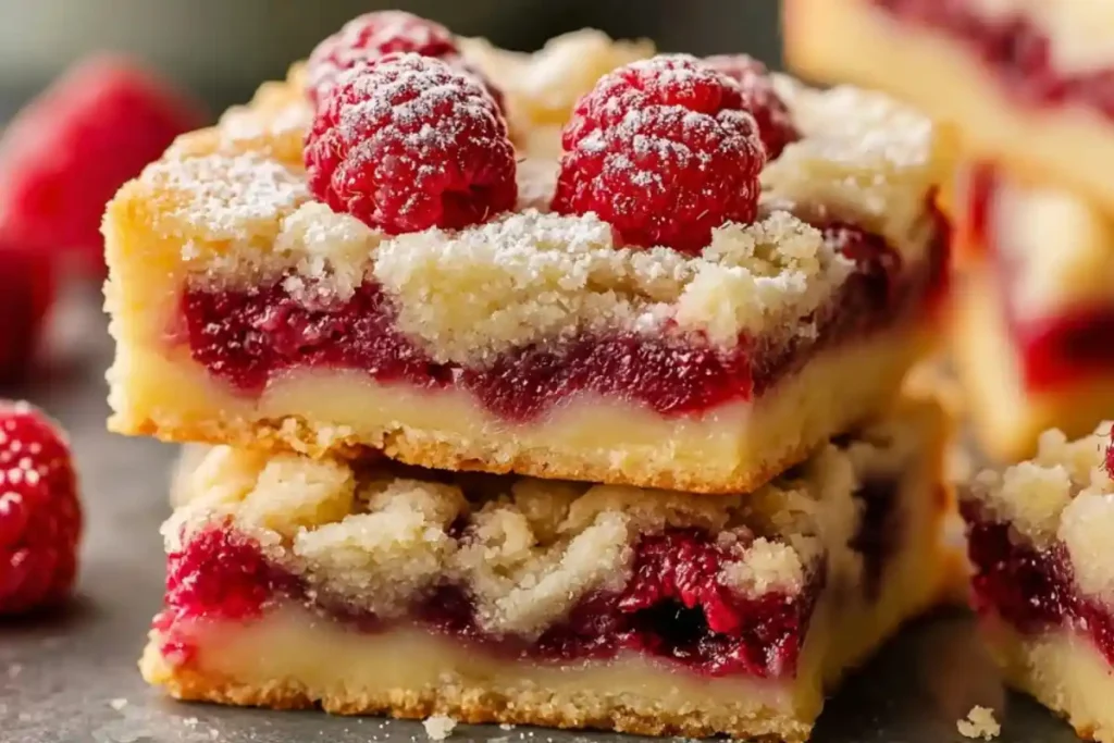 Close-up of freshly baked raspberry shortbread bars topped with powdered sugar and fresh raspberries