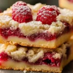 Close-up of freshly baked raspberry shortbread bars topped with powdered sugar and fresh raspberries