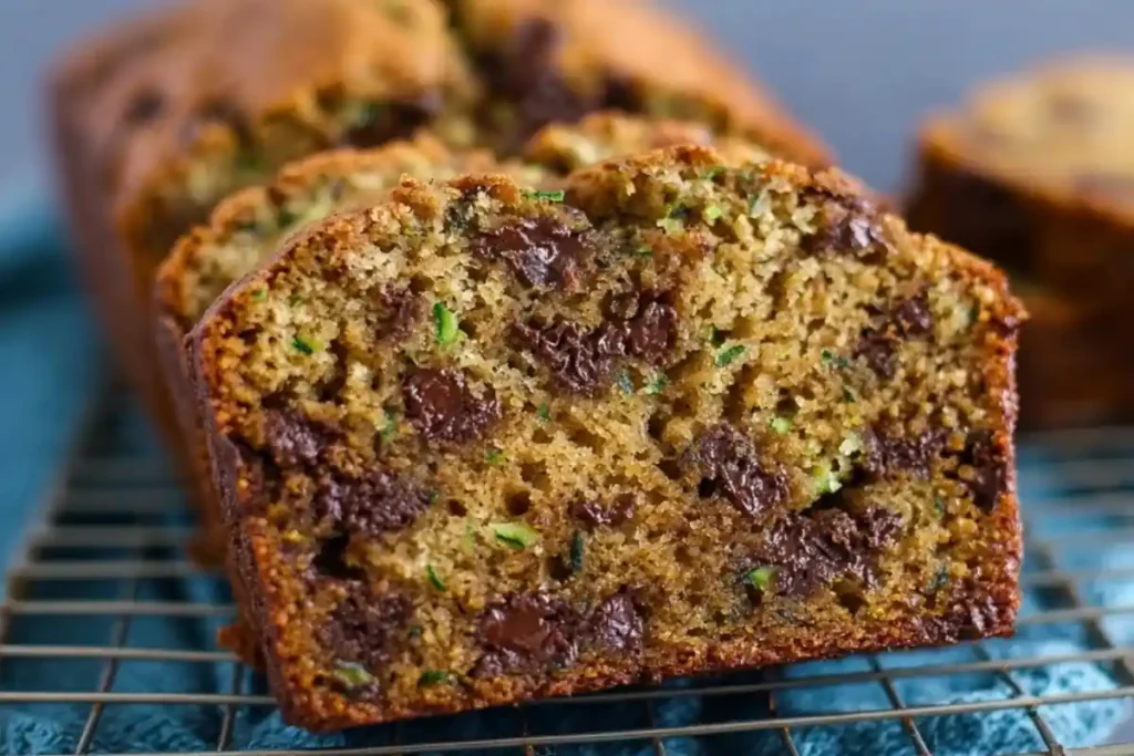 Close-up of a slice of moist vegan zucchini bread loaded with chocolate chips