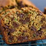 Close-up of a slice of moist vegan zucchini bread loaded with chocolate chips