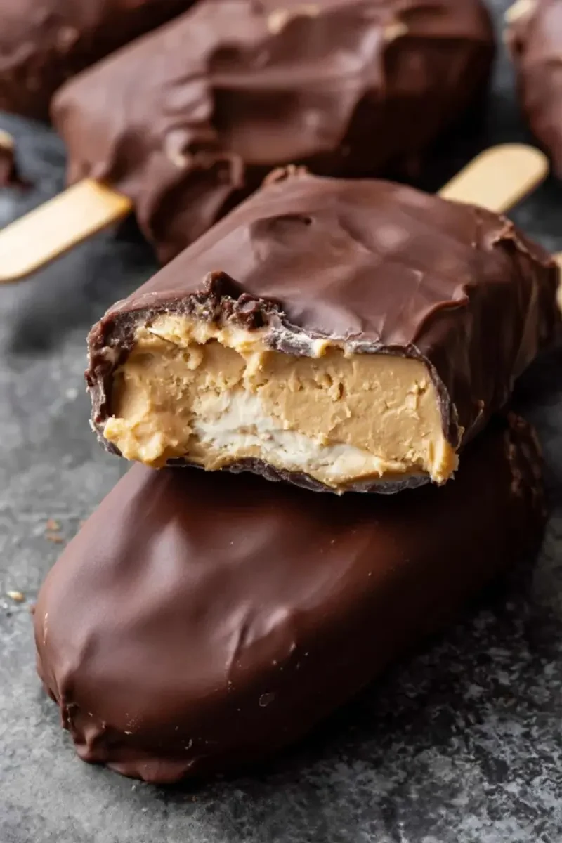 Creamy peanut butter frozen yogurt bars dipped in rich chocolate with a bite taken out to reveal the smooth filling.