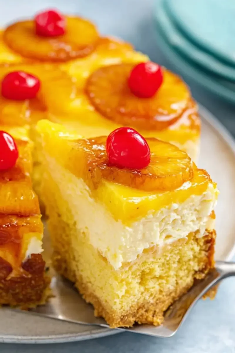 Close-up slice of pineapple upside down cheesecake cake with caramelized pineapple rings and maraschino cherries on a serving spatula
