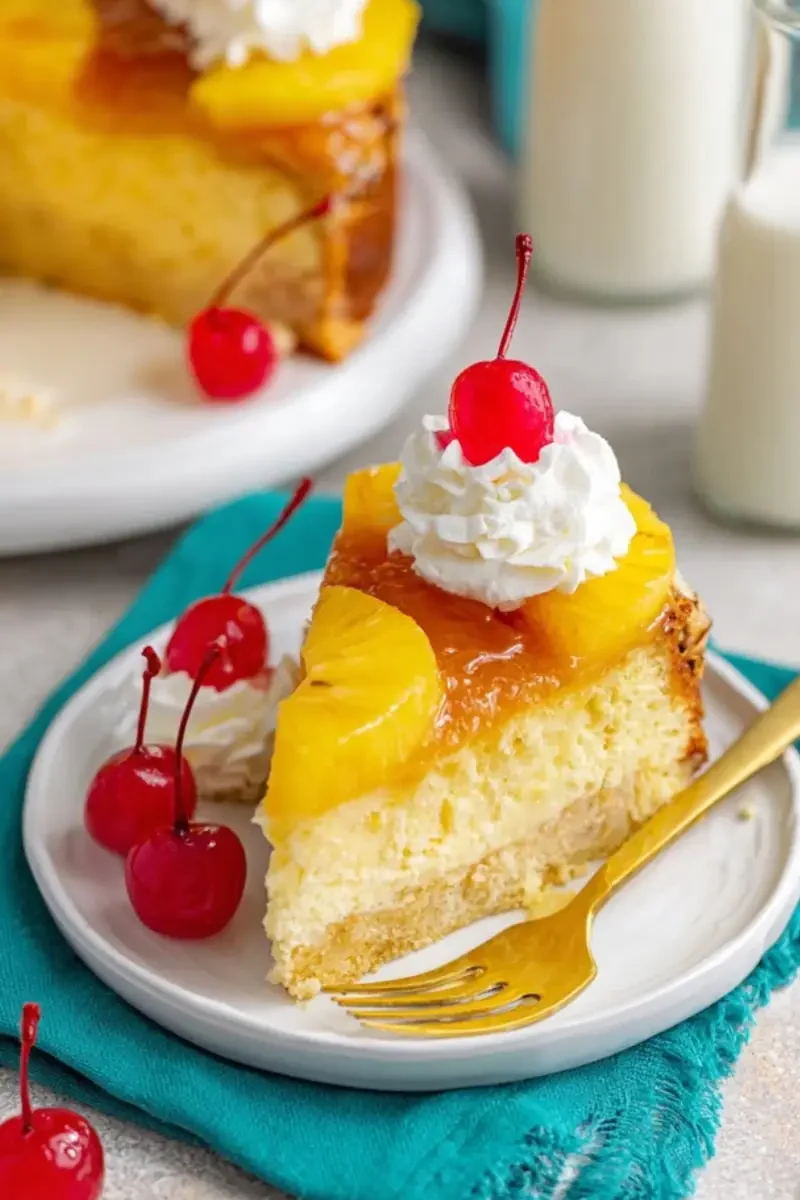 Slice of pineapple upside down cheesecake cake topped with whipped cream, pineapple rings, and maraschino cherries on a white plate