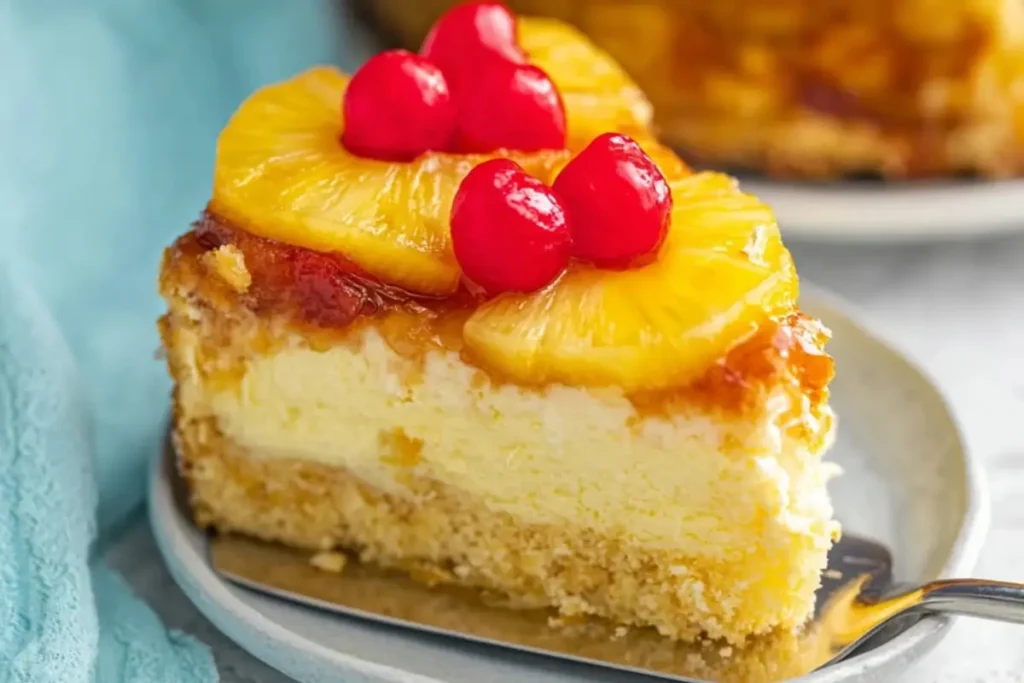 Slice of homemade pineapple upside down cheesecake cake topped with pineapple rings and maraschino cherries on a plate