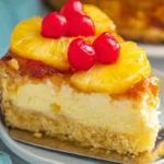 Slice of homemade pineapple upside down cheesecake cake topped with pineapple rings and maraschino cherries on a plate