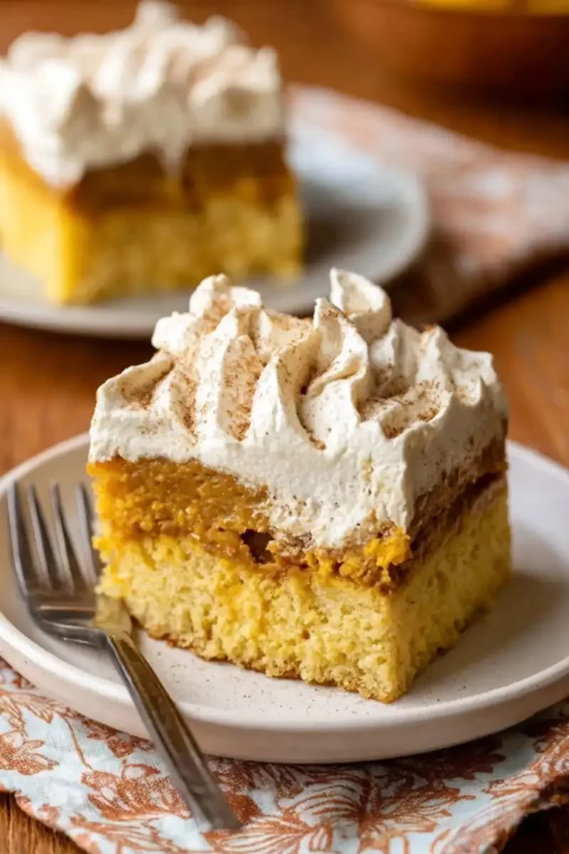 Pumpkin magic cake in a baking pan with layers of yellow cake, pumpkin custard, and cinnamon-dusted whipped cream