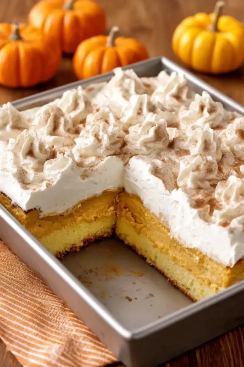 Pumpkin magic cake in a baking pan with layers of yellow cake, pumpkin custard, and cinnamon-dusted whipped cream