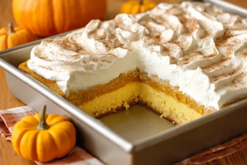 Pumpkin magic cake in a baking pan with layers of pumpkin filling, yellow cake, and whipped cream topping