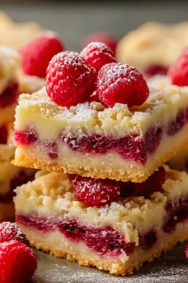 Sliced raspberry shortbread bars showing layers of buttery crust and raspberry filling
