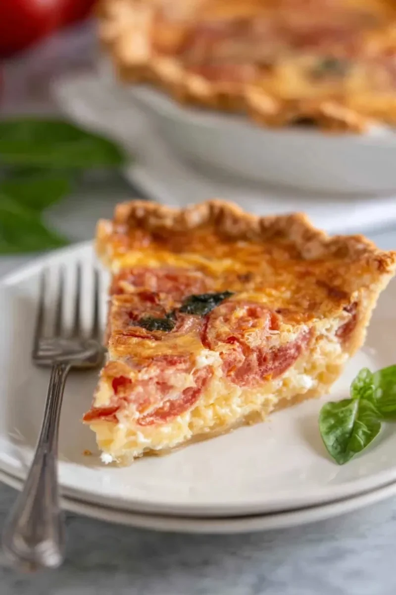A slice of freshly baked easy tomato pie with tomatoes, cheese, and herbs on a white plate