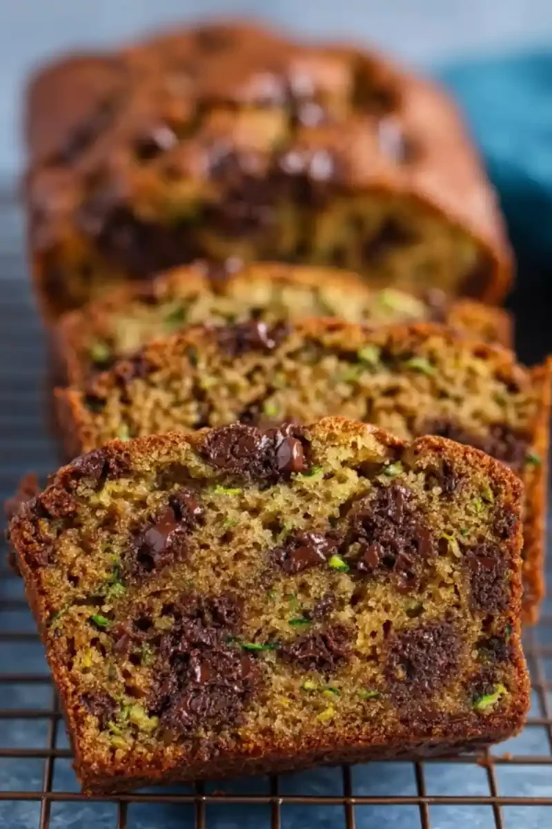 Slices of vegan zucchini bread filled with melted chocolate chips on a cooling rack