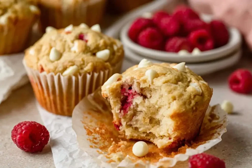 Partially eaten white chocolate raspberry muffin showing moist texture with white chocolate chips and raspberries
