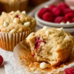 Partially eaten white chocolate raspberry muffin showing moist texture with white chocolate chips and raspberries