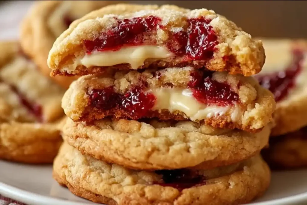 Raspberry cheesecake cookies stacked on a plate, filled with cream cheese and raspberry preserves