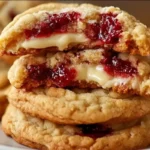 Raspberry cheesecake cookies stacked on a plate, filled with cream cheese and raspberry preserves