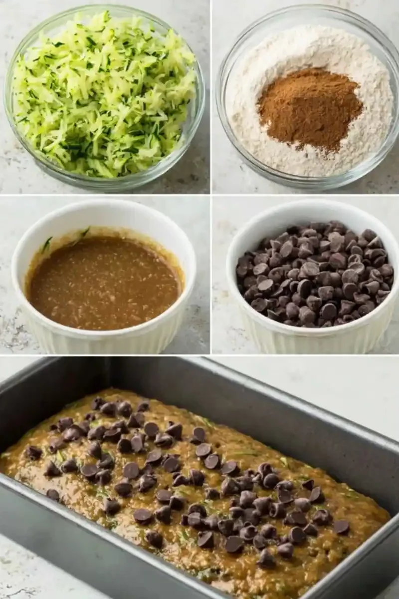 Step-by-step ingredients and batter for making vegan zucchini bread with chocolate chips