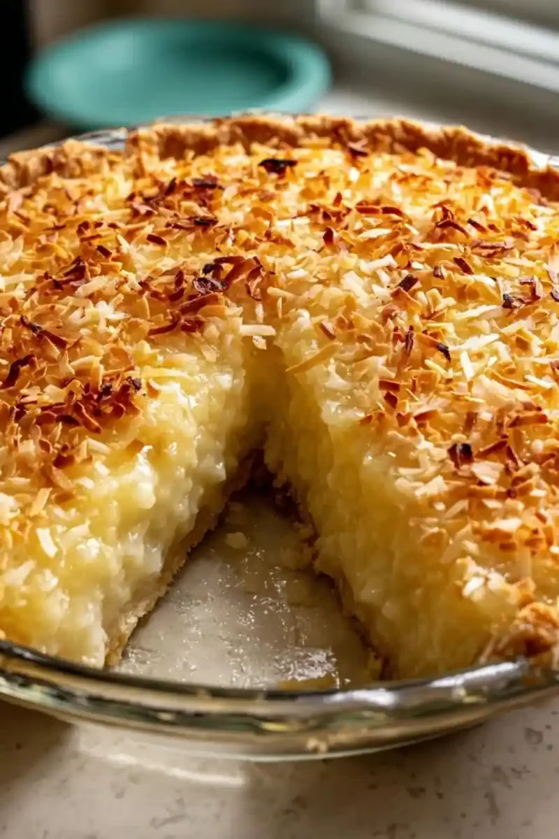 Freshly baked French Coconut Pie in a glass pie dish with one slice missing, showing creamy filling and toasted coconut topping